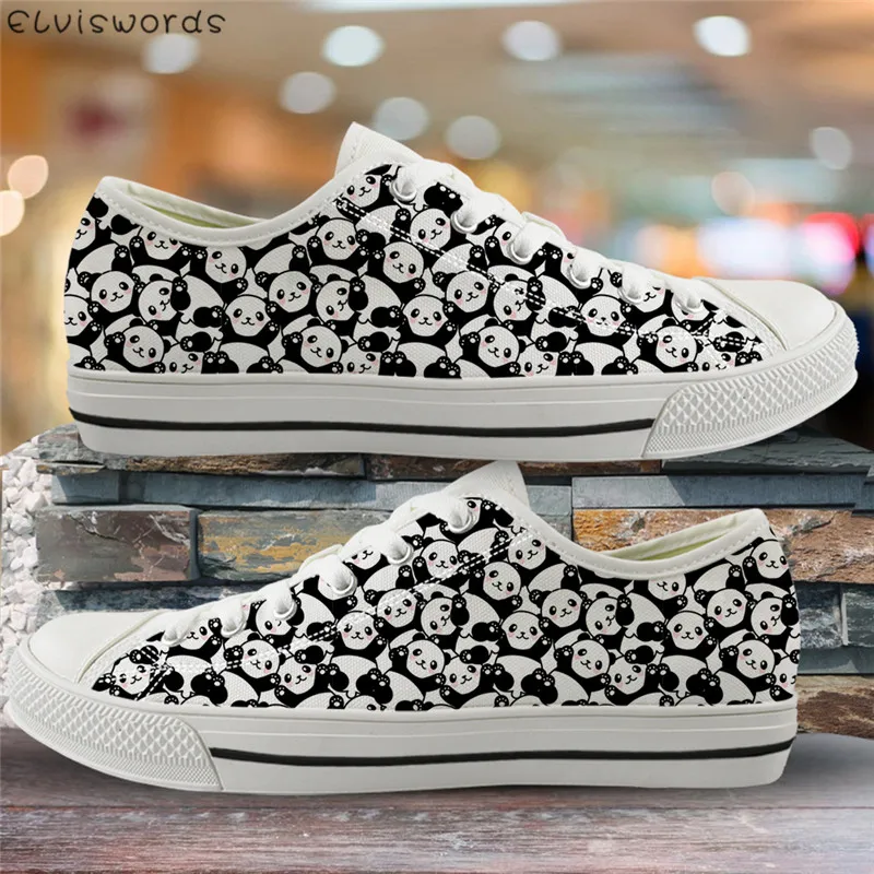 

ELVISWORDS Lovely Animal Panda Print Girls Canvas Shoes Cartoon Soft Comfortable Vulcanize Sneakers for Women Low Top Flat Shoes