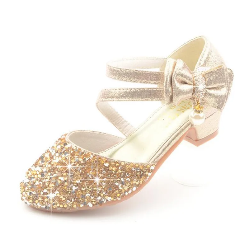 Children Girls Sandals High Heels Glitter Bowtie Party Shoes