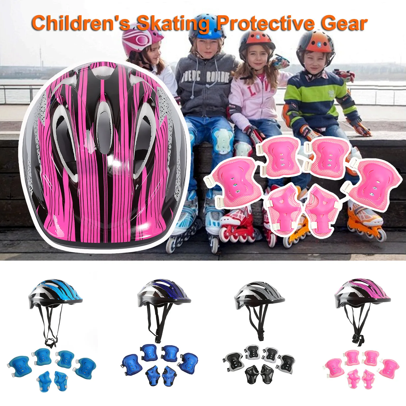 7Pcs Knee Elbow Wrist Helmet Protective Gear Set Kids Roller Skating Bike Safety 