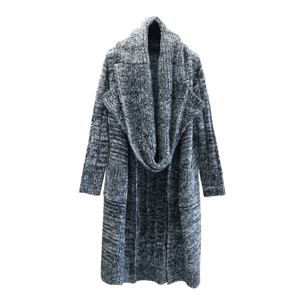New Fashion Knitted Sweater Cardigan for Women Winter Warm Ladies Scarf Collar Pockets Long Coats Outwear chaqueta mujer z1105
