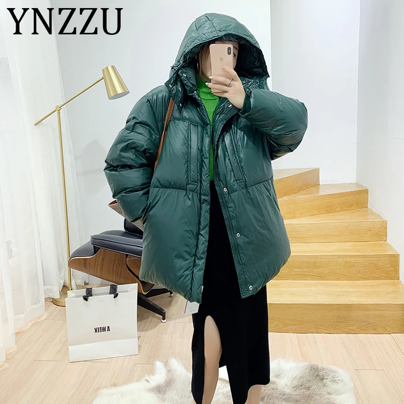 YNZZU, однотонное зимнее женское пальто, новинка, с капюшоном, плотное, теплое, 90%, белое, утиный пух, пальто, пушистая, женская уличная куртка A1388