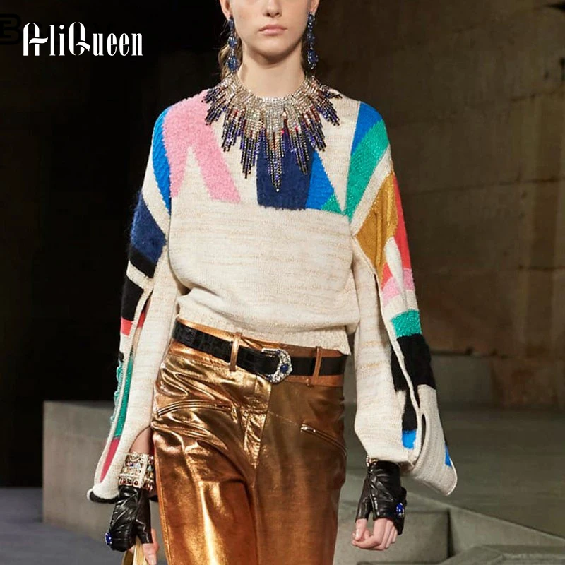 

2019 Runway Brand Designer Women Long Sleeve Geometric Patchwork Knitted Sweater autumn Oversized Split Flare Pullover Sweater