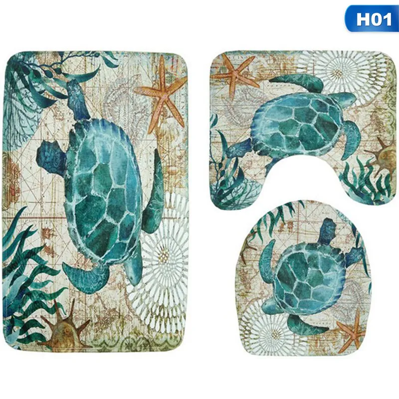 3pcs/set Sea Turtles Waterproof Non-Slip Bathroom Shower Curtain Toilet Cover Mat Rug Set Bathroom Decor Supplies