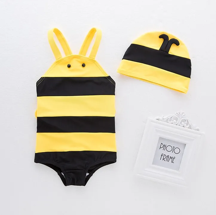 Striped Bee Model Baby Boy Conjoined Swimwear with Swimming Cap/Children Hot Spring Swimming Suit 3191