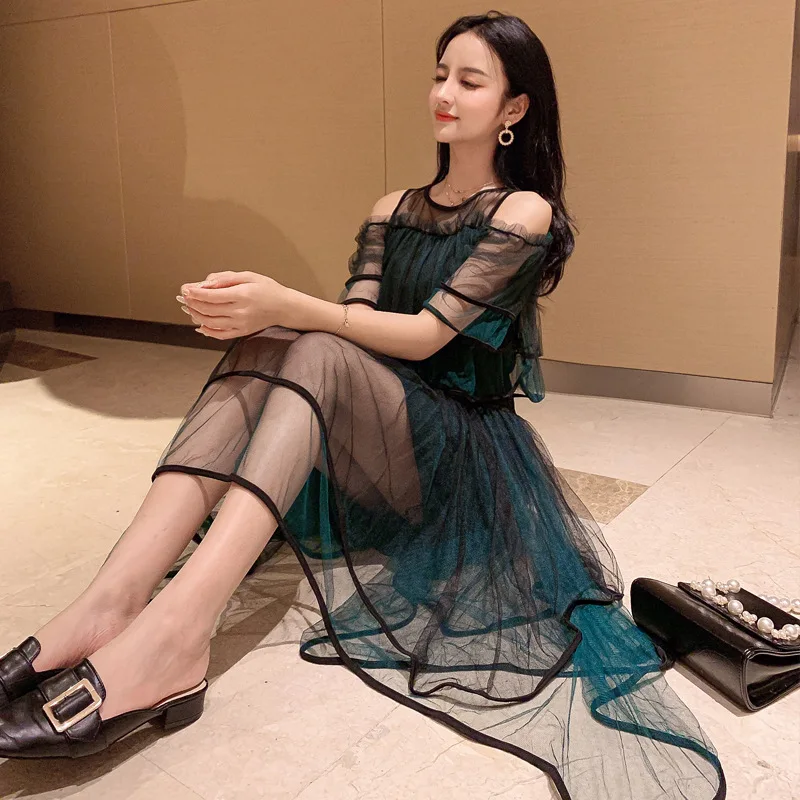 

WOMEN'S Suit 2019 Summer New Products Debutante Elegant off-Shoulder Flounced Tops Irregular Hem Two-Piece Set