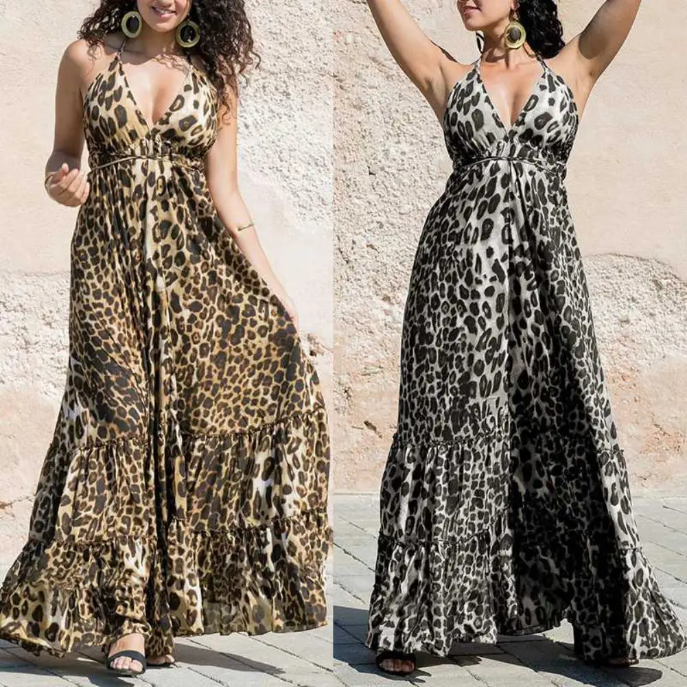 

Sexy Summer Beach Women Deep V Spaghetti Strap Leopard Print Backless Maxi Dress
