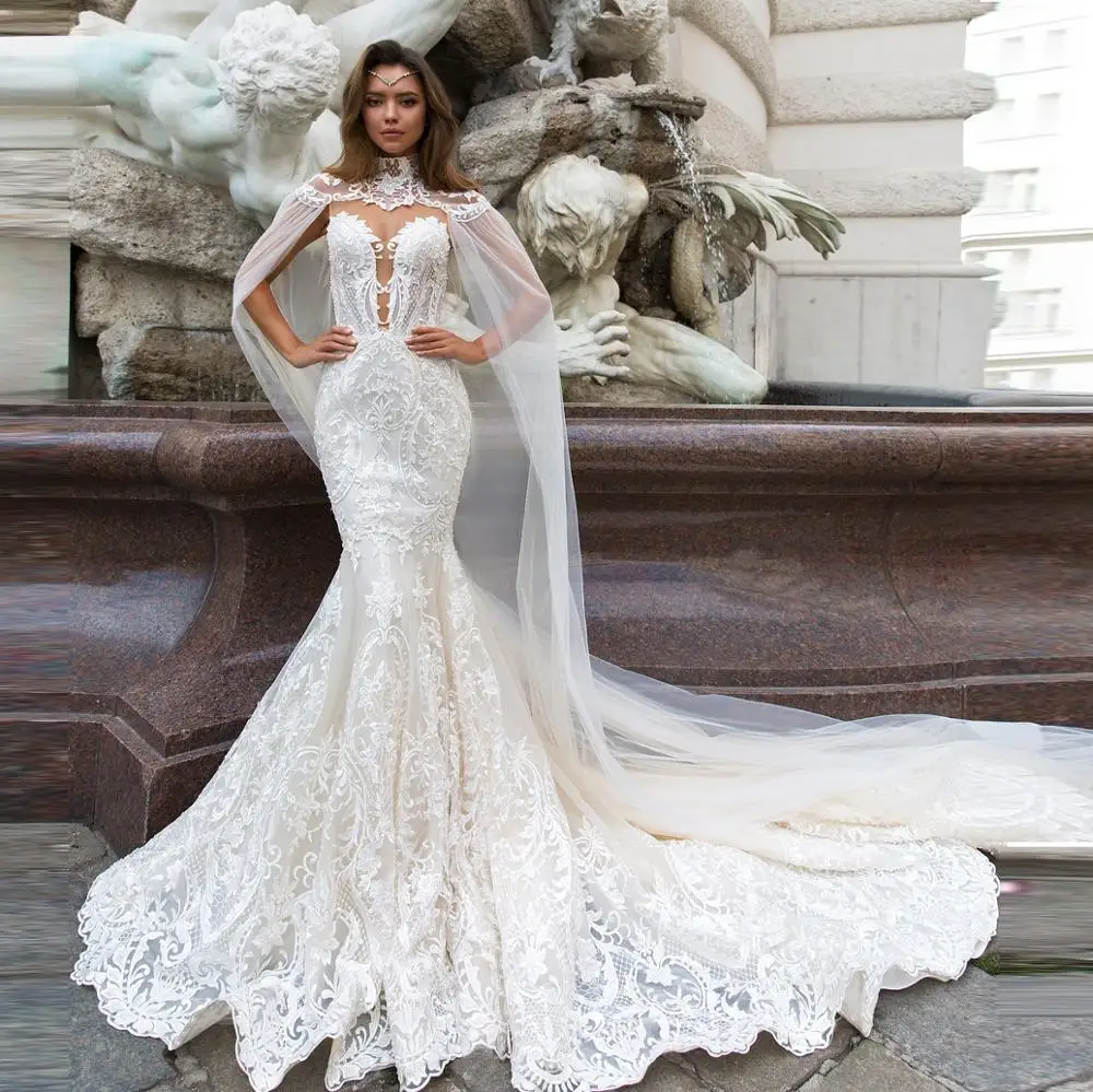 Mermaid Wedding Dresses Button Back Detachable Wrap Appliqued Wedding Gown Bride Dress Mariage Bridal Dresses 2019
