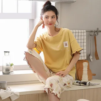 

Pajamas Female Summer Pure Cotton Short Sleeve Capri Pants Cute Casual Thin-Outer Wear Two-Piece Set
