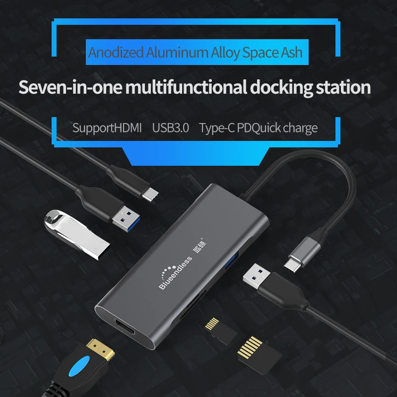 Док-станция для ноутбука 9 в 1 type C USB 3,0 HDMI TF LAN PD usb-концентратор для Macbook huawei XiaoMi DELL Surface lenovo Dock 7/5 в 1