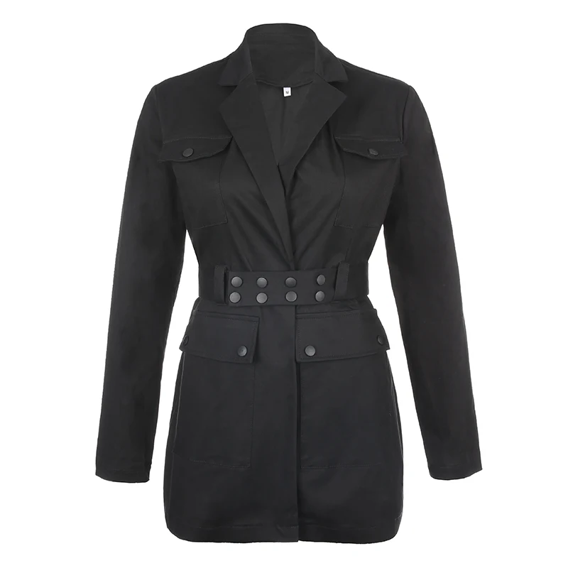 HIGAREDA Black Casual Blazer Women With Sashes Long Sleeve Ladies Blazer Buttons Cotton Female Jacket High Street Coat Spring
