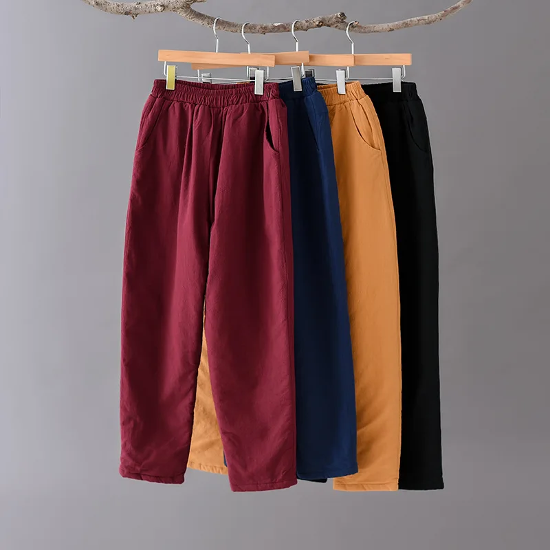 Женские зимние штаны с подкладкой, женские одноцветные плотные штаны с эластичной резинкой на талии, женские свободные брюки из хлопка и льна