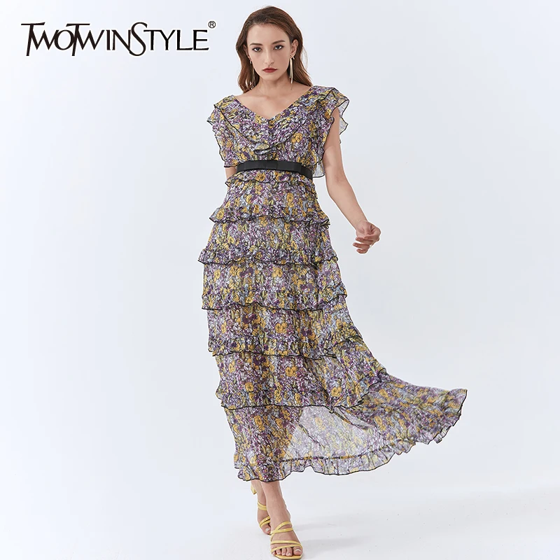 

TWOTWINSTYLE Printed Hit Color Women Dress V Neck Sleeveless High Waist Patchwork Ruffle Midi Dresses Female Fashion New Clothes