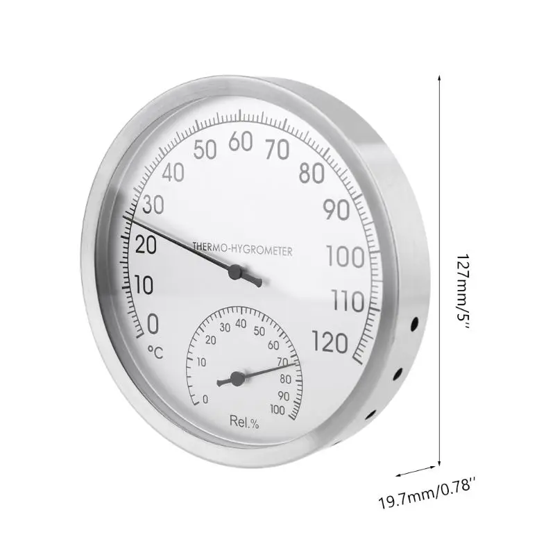 Thermometer Hygrometer 127mm 5" Wall Hung Stainless Steel Indoor Outdoor Sauna Room Temperature Humidity Tester Monitor