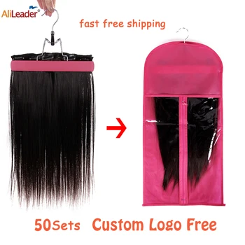 

Alileader Portable Extension Hair Storage Bag Dustproof With Weft Wooden Doulble Anti-Slip Hanger For Clip Extension Bundle Hair