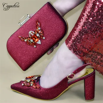 

Fashion wine spring/autumn design pointed toe high heel sandal shoes and evening bag set 688-16 , heel height 8.5cm