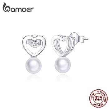 

bamoer GXE869 Real 925 Sterling Silver 3D Love Heart With Pearl Stud Earrings Women Hypoallergenic Ear Studs Elegant OL Style