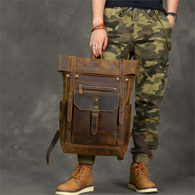 New Cowhide Leather Men’s Backpack 15-17 Inch Laptop Bag Men Large Capacity Travel Backpacks Schoolbags Retro Leather Male Bags