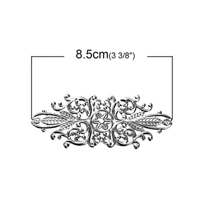 DoreenBeads Iron Based Alloy Embellishments Leaf Silver Tone Filigree Jewelry Components 85mm(3 3/8") x 34mm(1 3/8"), 6 PCs