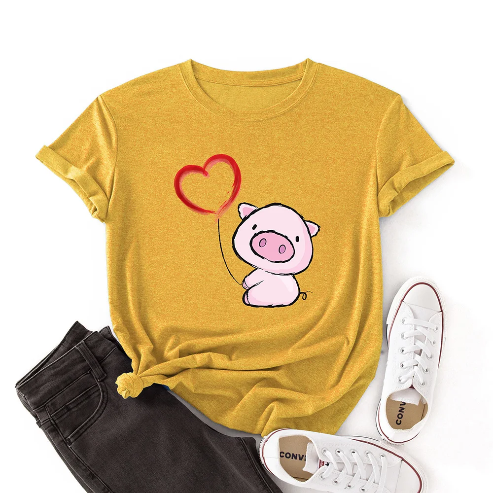 Woman Short Sleeve Colored  Graphic Tees Summer T-Shirt Female Tops Shirts for Women Cute Animal Piggy Love Heart Pig Top vintage t shirts