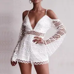 Мода 2019 летний женский белый сексуальный полый короткий комбинезон с низким вырезом на спине; с тонкими лямками комбинезон модный длинный