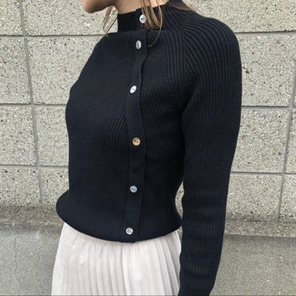 

2020 Autumn and Winter New Button Collar Knitted Sweater Temperament Slim Half Turtle Neck Ladies Clothing Long Sleeve Knit Top