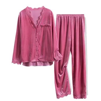 

Ashion Long Sleeve Gold Velvet Pajamas Set Women 2020 Autumn Winter Warm Pajama Sets Plus Size Sleepwear Pyjama Nightwear Set