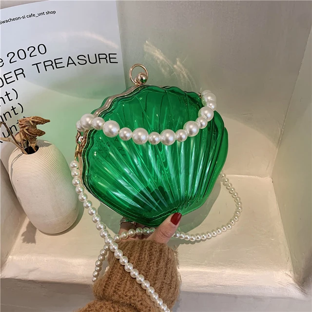 Acrylic Transparent Shell Shaped Evening Bag Pearl Beading Handle