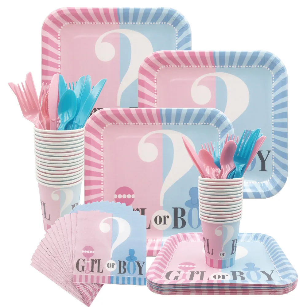 Вечерние одноразовые столовые приборы для мальчиков и девочек, розовые и синие вечерние бумажные тарелки стаканчики, соломенные салфетки для ножей, вечерние украшения DIY