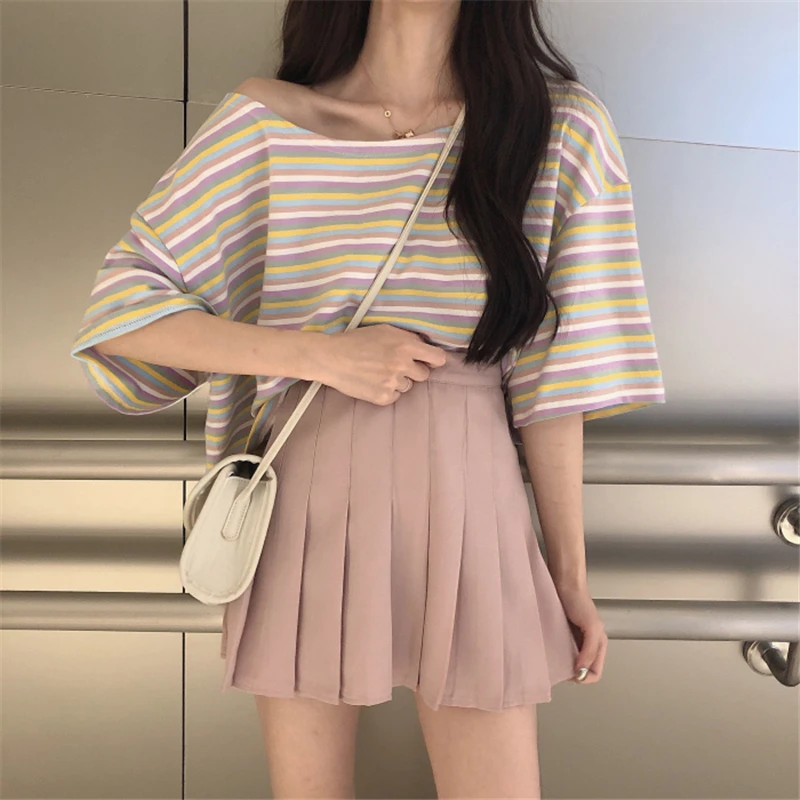 Женские повседневные футболки с круглым вырезом, летние модные полосатые корейские футболки с коротким рукавом, женские свободные топы Harajuku, шикарная Радужная футболка