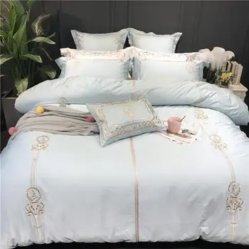 

Light Blue Pink Luxury Egyptian cotton King Queen sizeBedding Set Soft Bed sheet set Embroidery Europe duvet covers Pillowcases