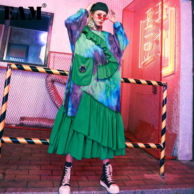 

[EAM] Women Green Printed Ruffles Big Size Dress New Round Neck Long Sleeve Loose Fit Fashion Tide Spring Autumn 2019 1D794