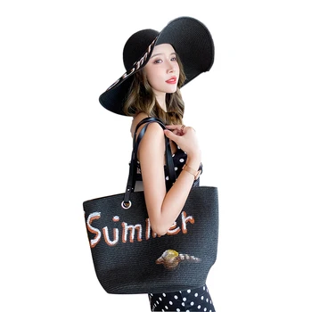 

2020 summer straw sun hat female handmade hat bag set fashion Women's wide brim beach hat casual shade anti uv Visor cap