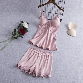 

V-Neck Sleepshirts Set Womens Negligee Sleeveless Pajamas Suspender Top Short Pants Sleep Suit Nightgown Summer Robes Sleepwear