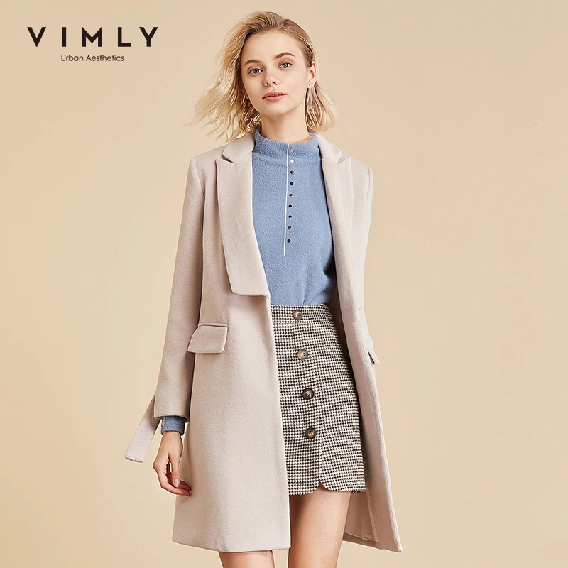 Женское шерстяное пальто Vimly осенне зимнее винтажное однотонное с отложным воротником прямое на пуговицах