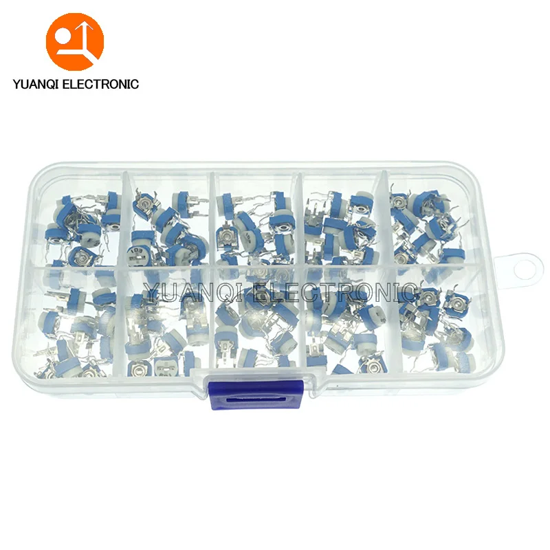 

100Pcs/Box RM065 Carbon Film Horizontal Trimpot Potentiometer Assortment Kit 10 Values Variable Resistor 500R - 1M