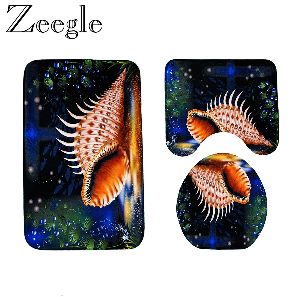 Conch Printed Bathroom Bath Mat Set Toilet Carpet Polyester Non-Slip Bath Rug Set Toilet Lid Cover Shower Room Rug Floor Mats