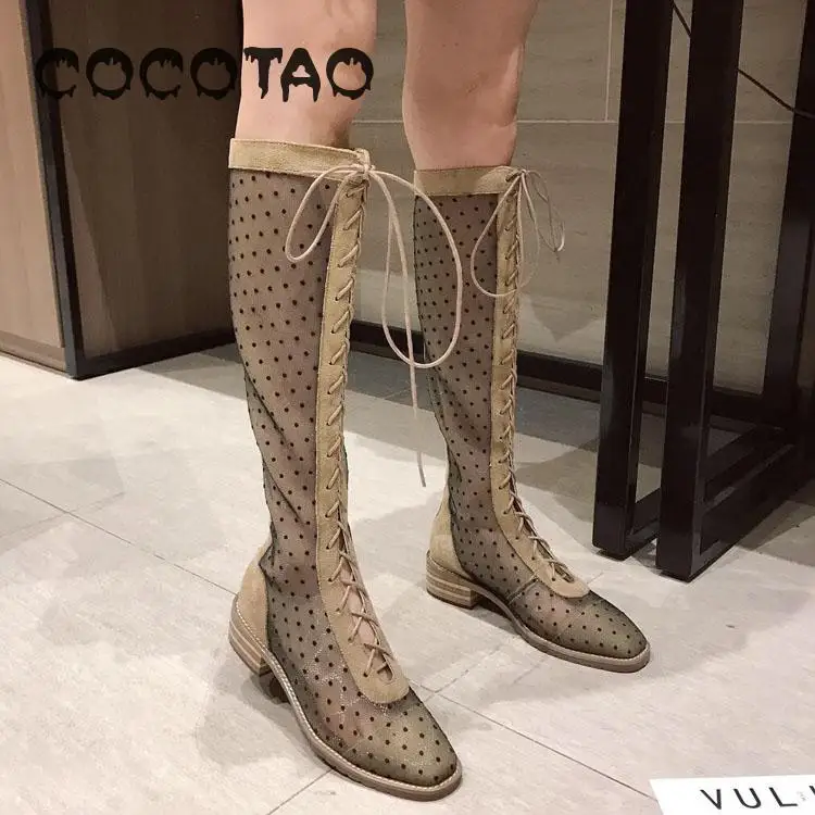 

Shoe Children's High-cylinder Summer 2019 New Fashion Square-headed Lace-net Red Hollow Long Breathable Corrugated Mesh Boots