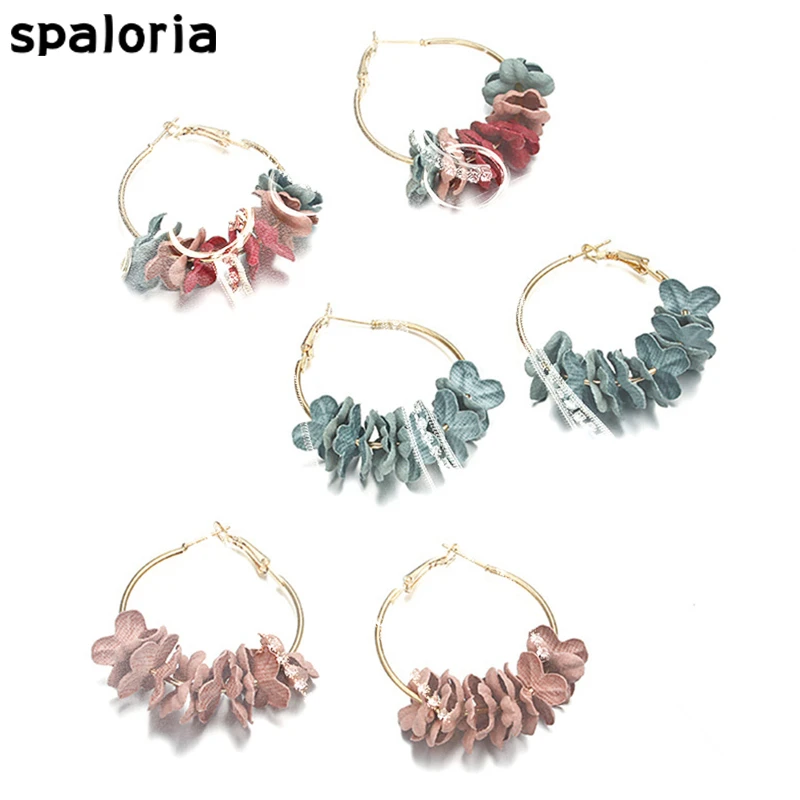 

Spaloria Handmade Fabric Flower Big Hoop Earrings For Women Vintage Bohemian Hoops Circle Earring Brincos Female Fashion Jewelry
