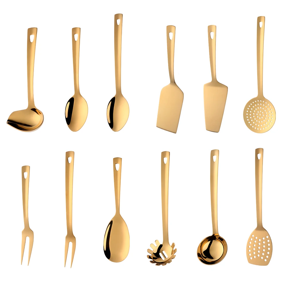 1pc Gold Stainless Steel Long Soup Spoon Cooking Utensils Pink Metal Polish Skimmer Colander Shovel Spatula Kitchenware Set