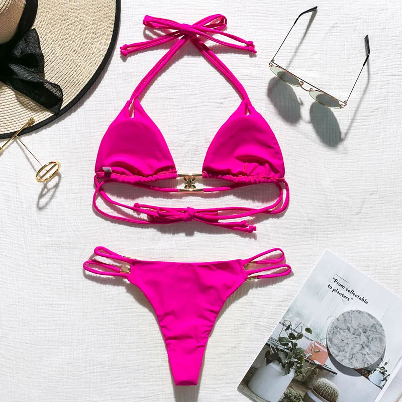 In-X Crystal bikini Sexy halter swimsuit female Solid string bikini set High cut swimwear women Shiny bathing suit Bathers