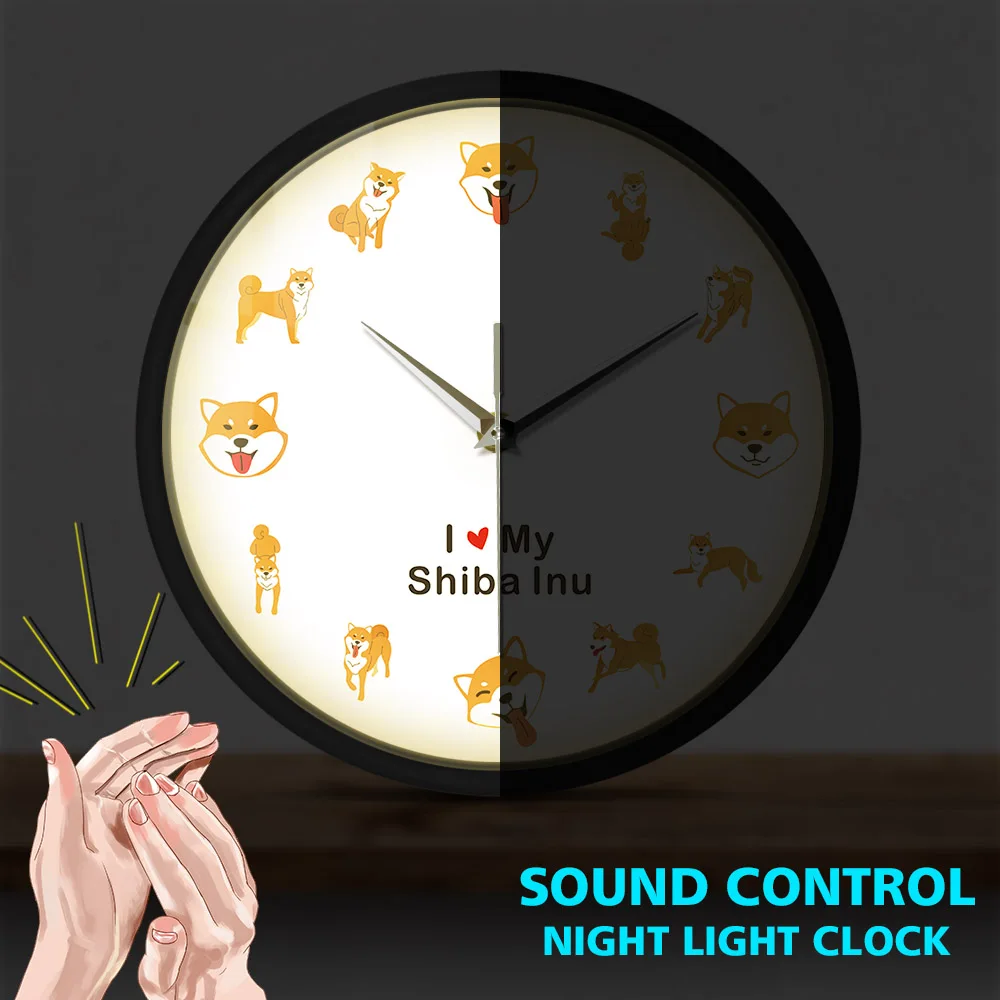 Shiba Inu Orologio Da Parete Per Cani Per Negozio Di Animali Cartoon Puppy Animal Metal Frame Sound Control Watch Orologio Giapponese Brushwood