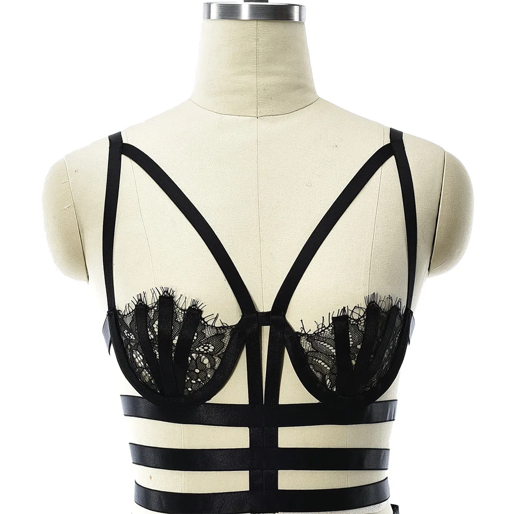 

Women Sexy Lace Lingerie Harness Bra Adjustable Strap Body Cage Black Perspective Bondage Body Harness Belt Goth Rave Cage Bra