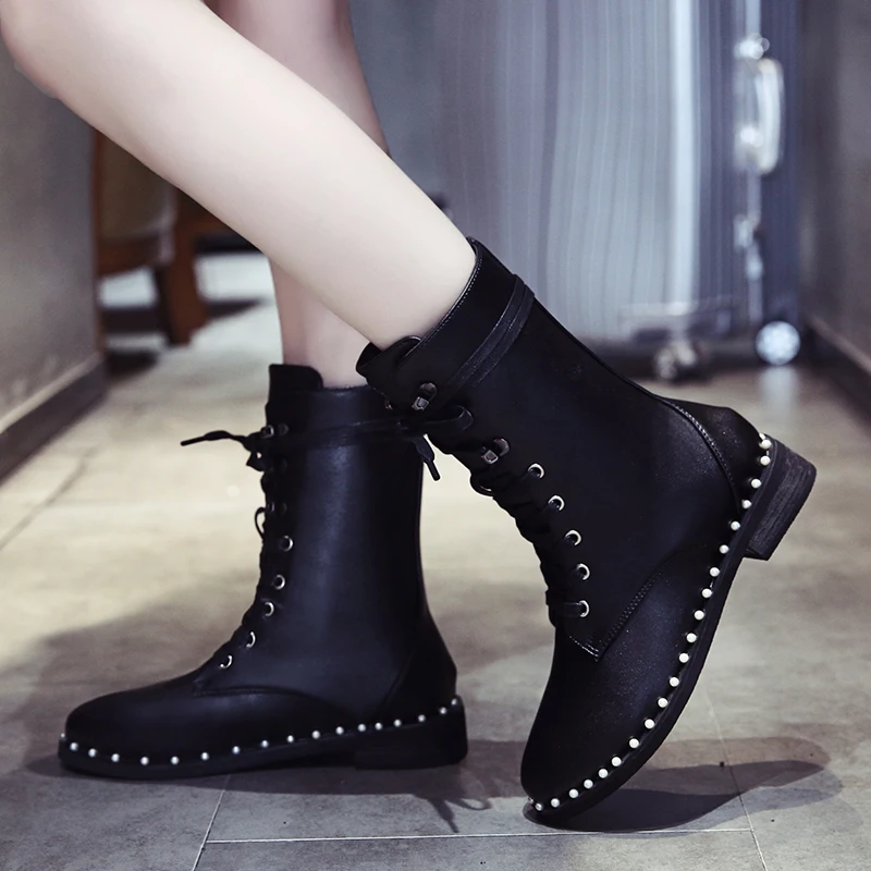 

Women's Short Boot Lace Up Boots Bootee Woman 2019 Shoes Round Toe Luxury Designer Booties Ladies Chunky Heel Ankle Med Rubber