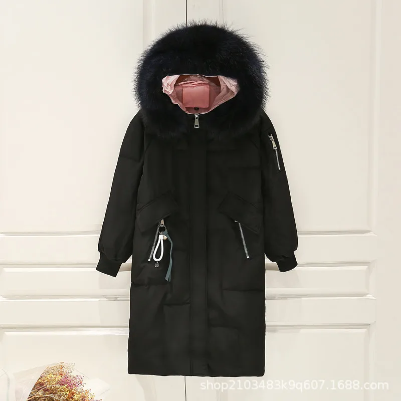 Стиль, корейский стиль, большой меховой воротник, средняя длина, талия, облегающая, выше колена, пуховик, Женская Толстая фабрика