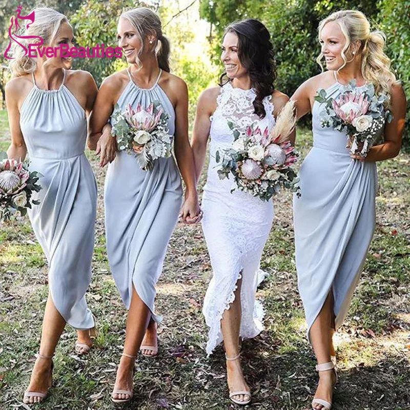 Vestido Madrinha платье подружки невесты с лямкой через шею атласное платье-светильник голубое платье demoiseur D'Honneur - Цвет: as picture