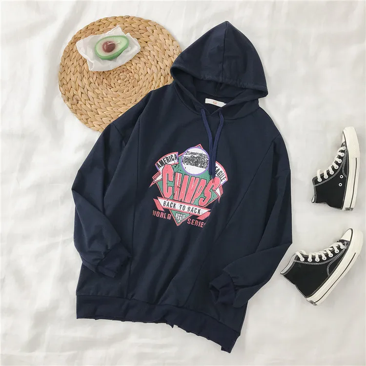 Navy Blue Gagarich женские толстовки весна осень женский корейский стиль с буквенным принтом средней длины свободный тонкий топ с длинными рукавами - Цвет: Navy Blue