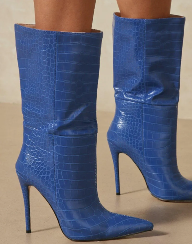 Comfortable Print Midi Calf Boots Winter Pointy Toe High Heel Short Booty Slip-on Shoes Plus Size 43
