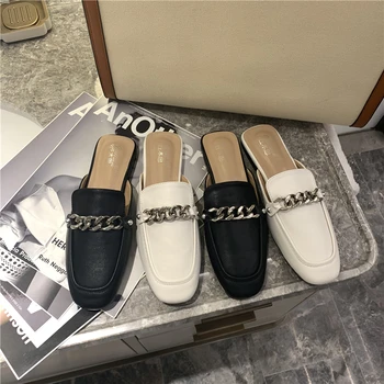

Chunky Heels Slippers Woman Metal Chain Square Toe Mules Slip on Shoes Casual Shallow Slides Leather Sandalias Mujer Black White
