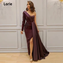 

LORIE One Shoulder Mermaid Evening Dress Satin Open Back Design Formal Gown Long Sleeve Elegant Lace Appliques Party Dress 2021