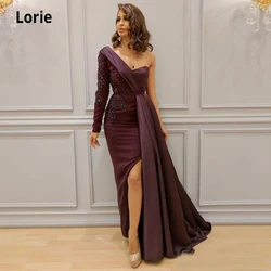 LORIE One Shoulder Mermaid Evening Dress Satin Open Back Design Formal Gown Long Sleeve Elegant Lace Appliques Party Dress 2021
